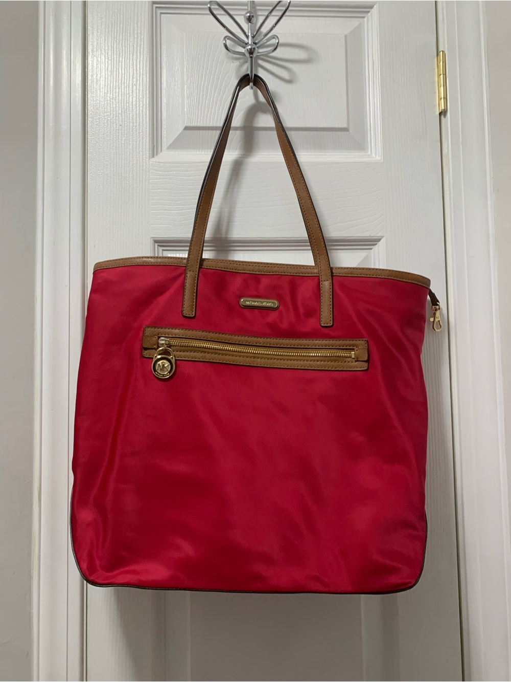Michael Kors Hot Pink Nylon Tote with Brown Trim
